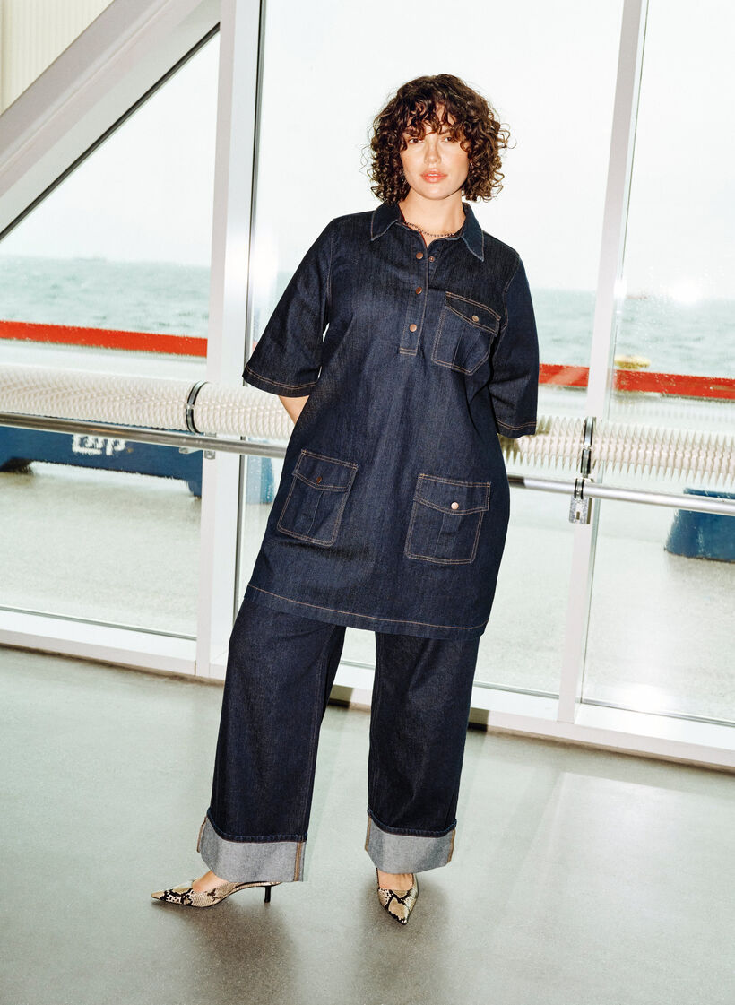 Denimkjole med store lommer og 3/4 ærmer, Blå, Image image number 0