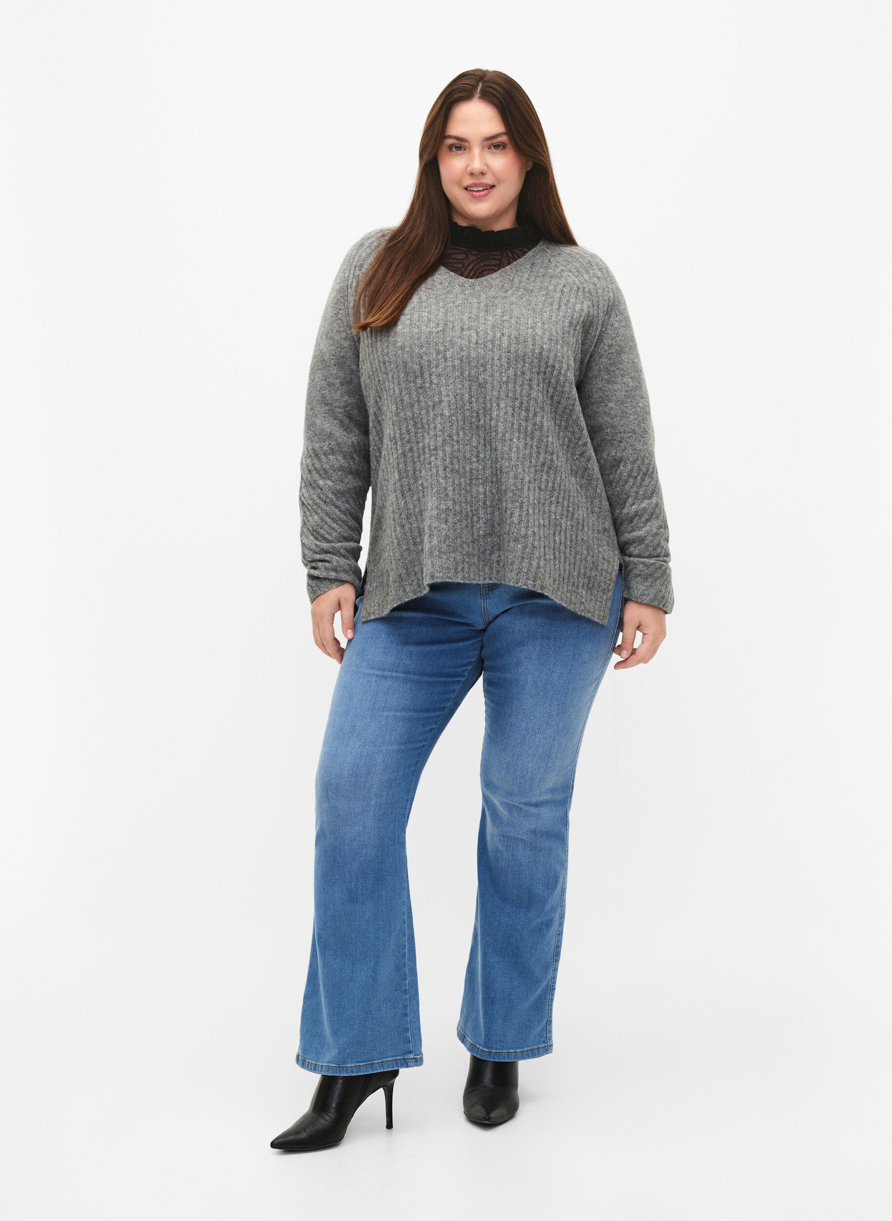 Zizzi Strikbluse med slids, Light Grey Melange, Model image number 2