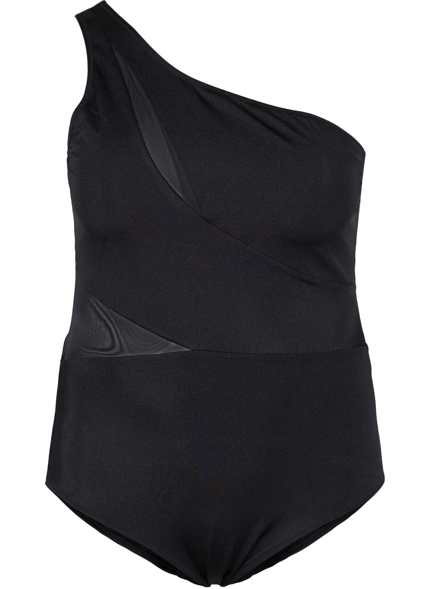 Zizzi One-shoulder badedragt med mesh, Black, Packshot image number 0