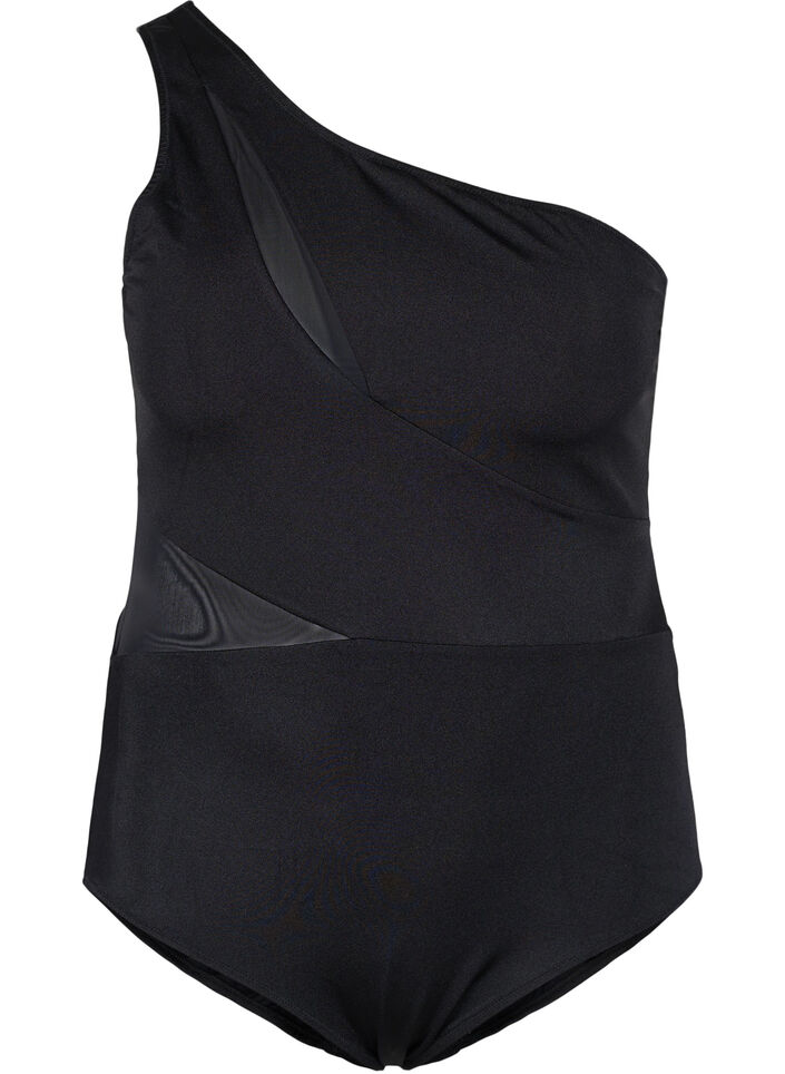 One-shoulder badedragt med mesh, Black, Packshot image number 0
