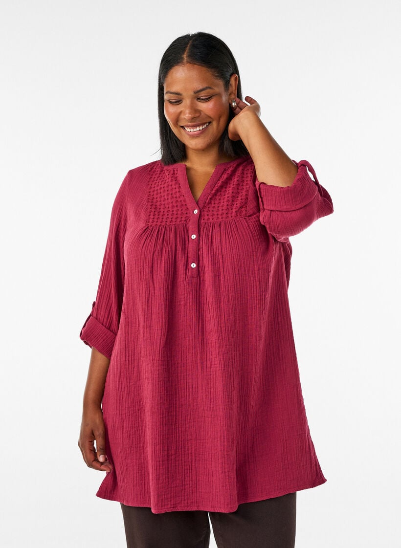 Tunika i bomuldsmusselin med broderi anglaise, R&oslash;d, Model image number 0