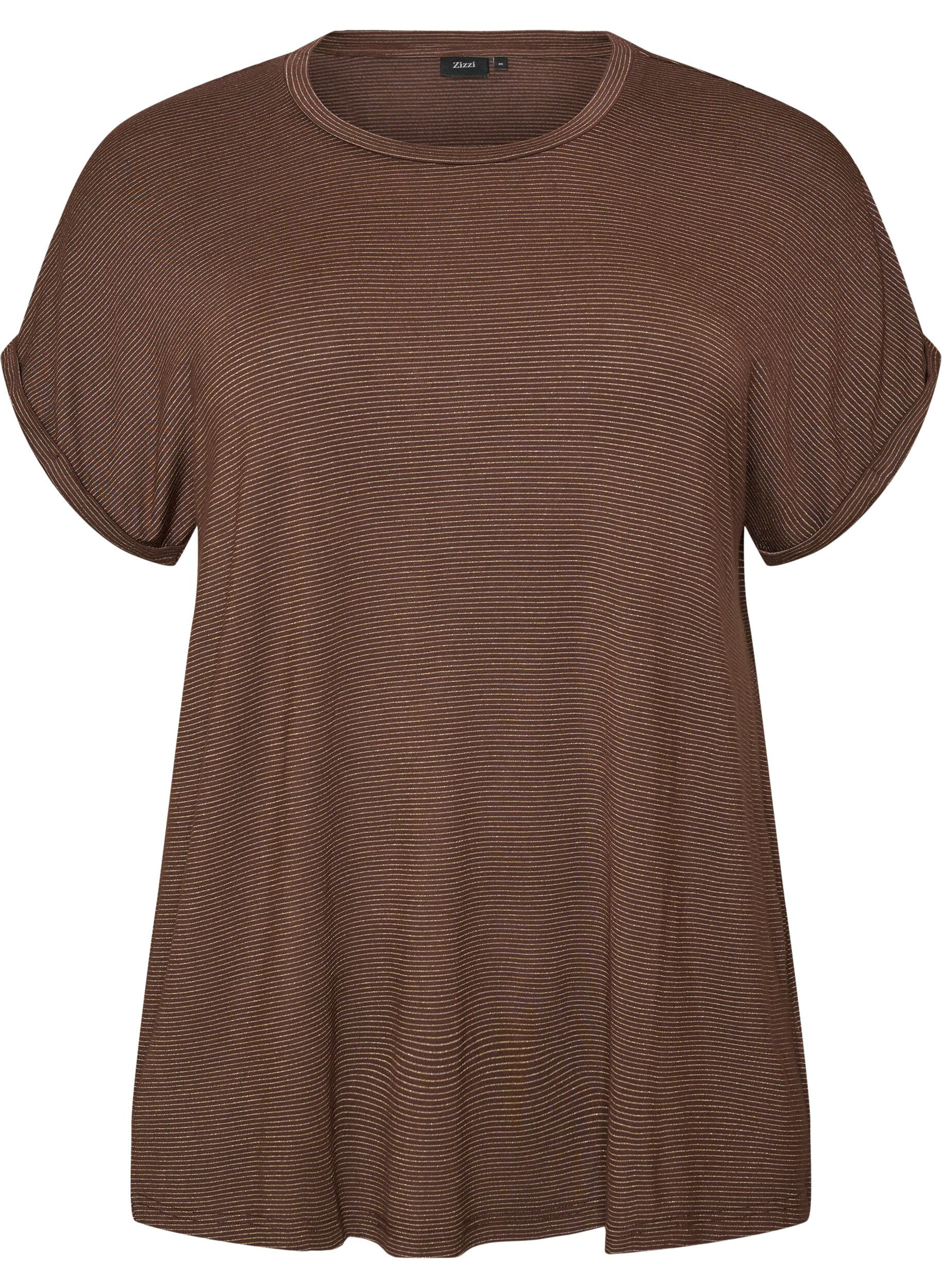 ZizziT-shirt i viskose med glimmerstriber, Brun, Packshot image number 0