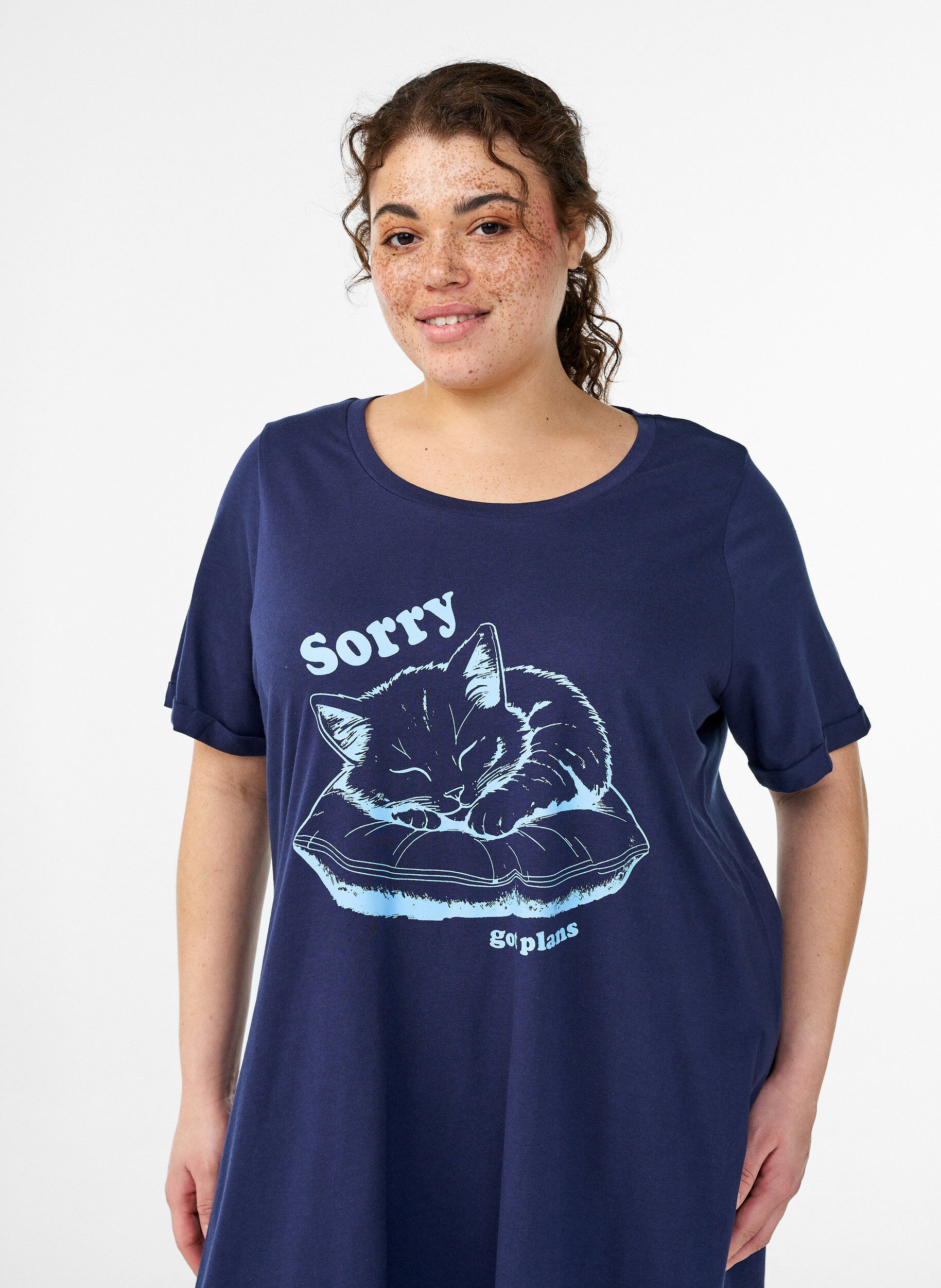 Zizzi Kort&aelig;rmet natkjole i &oslash;kologisk bomuld, Bl&aring;, Model image number 2