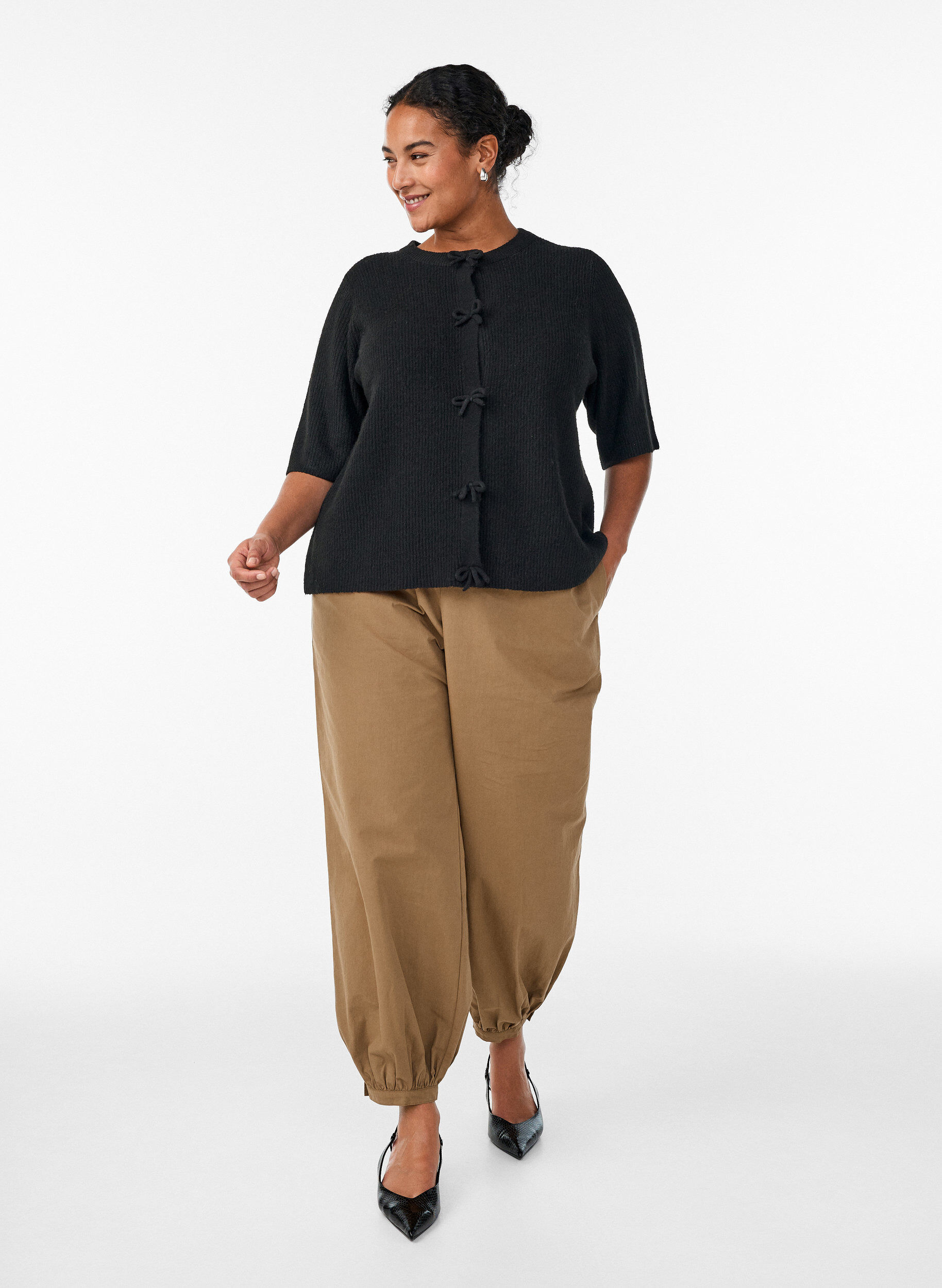 Zizzi Ballonbukser i bomuld med h&oslash;j talje, Brun, Model image number 0