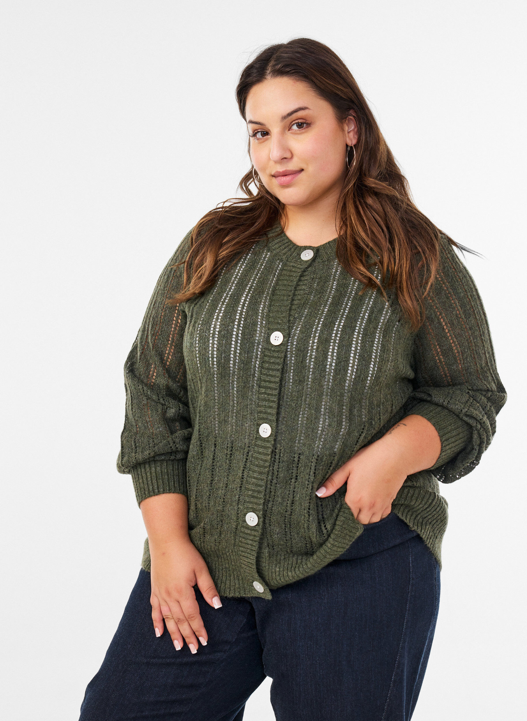 Strikket cardigan med hulm&oslash;nster, Gr&oslash;n, Model