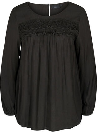 Viskose bluse med a-form og blonder, Black, Packshot image number 0