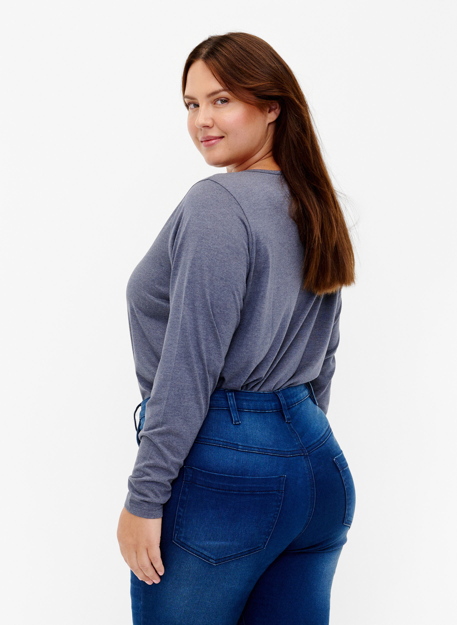 Zizzi Meleret bluse med lange &aelig;rmer, Night Sky Mel. , Model image number 1