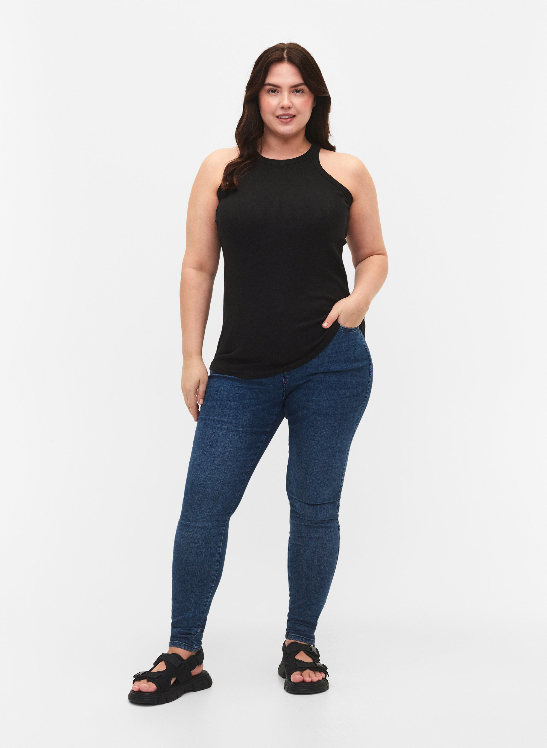 Zizzi Ribbet tanktop i bomuld, Black, Model image number 2