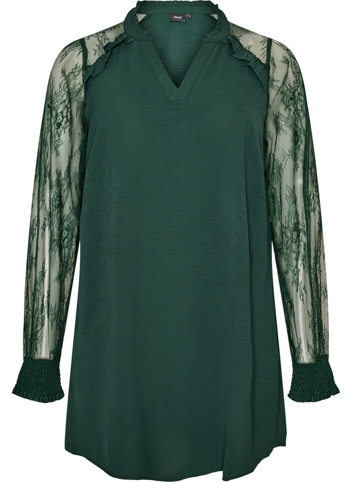 Tunika med transparente blonde&aelig;rmer, Gr&oslash;n, Packshot image number 0
