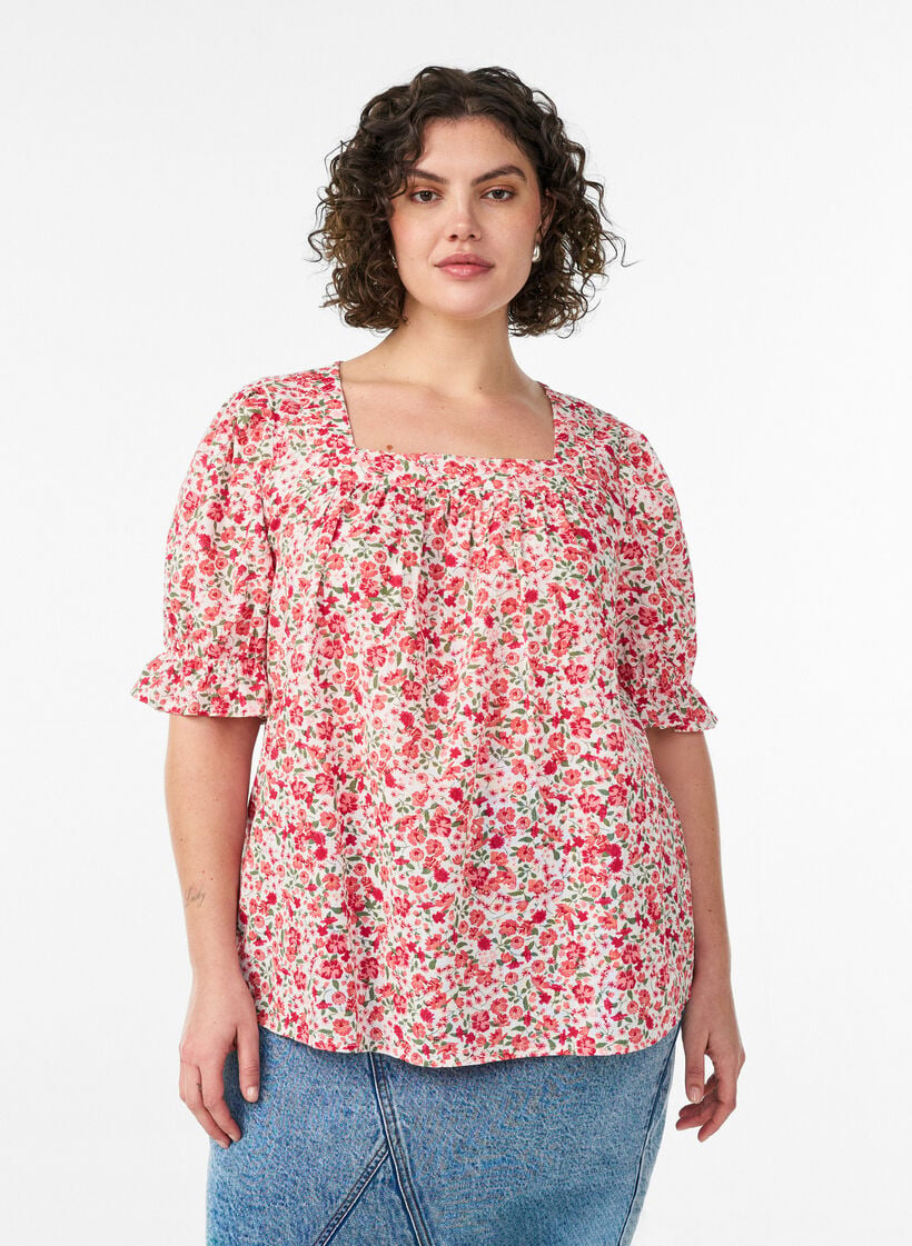 Bluse i bomuld med firkantet udsk&aelig;ring, R&oslash;d, Model image number 0