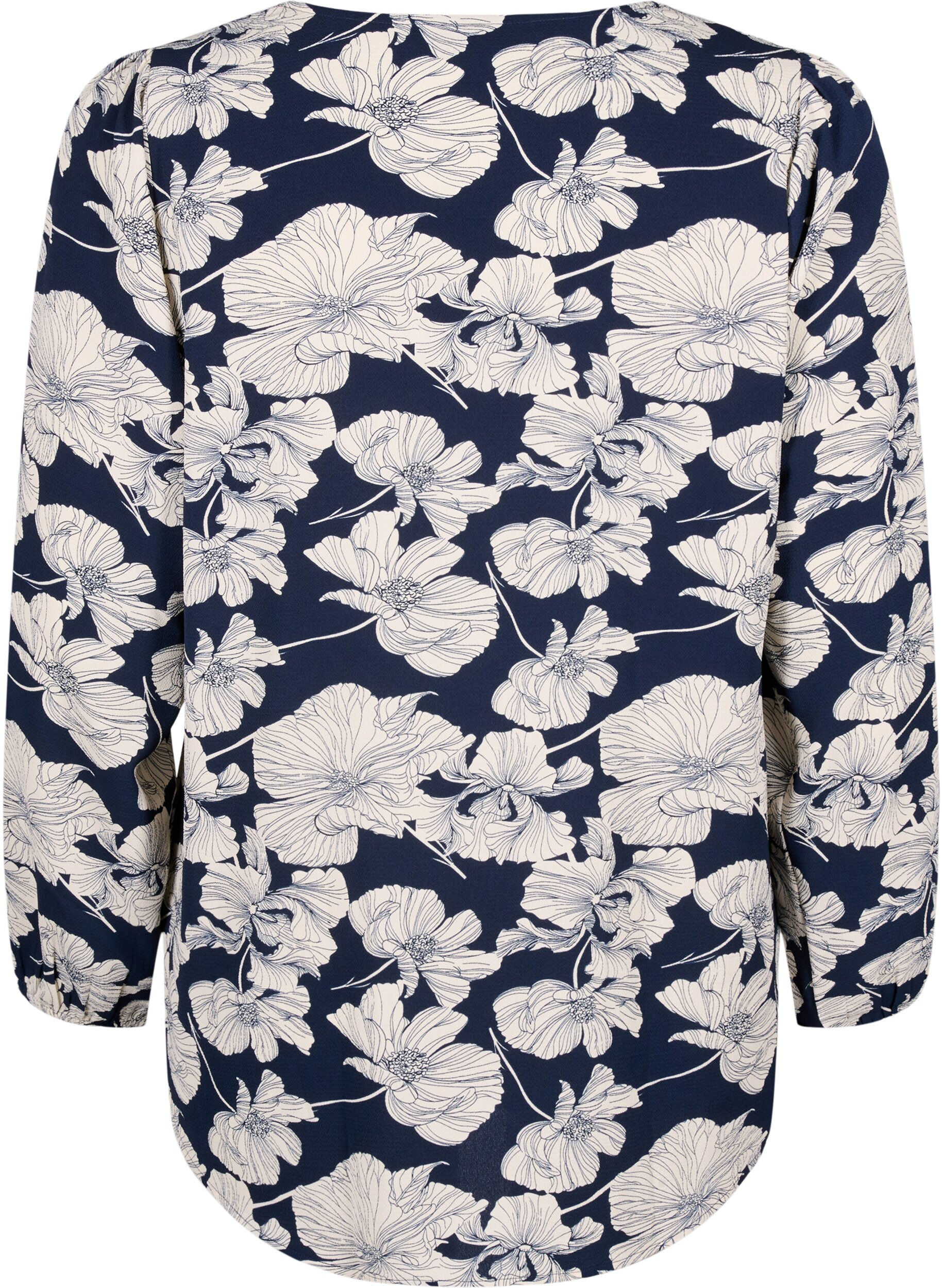 Zizzi Skjortebluse med v-hals og print, Navy B. Flower AOP, Packshot image number 1