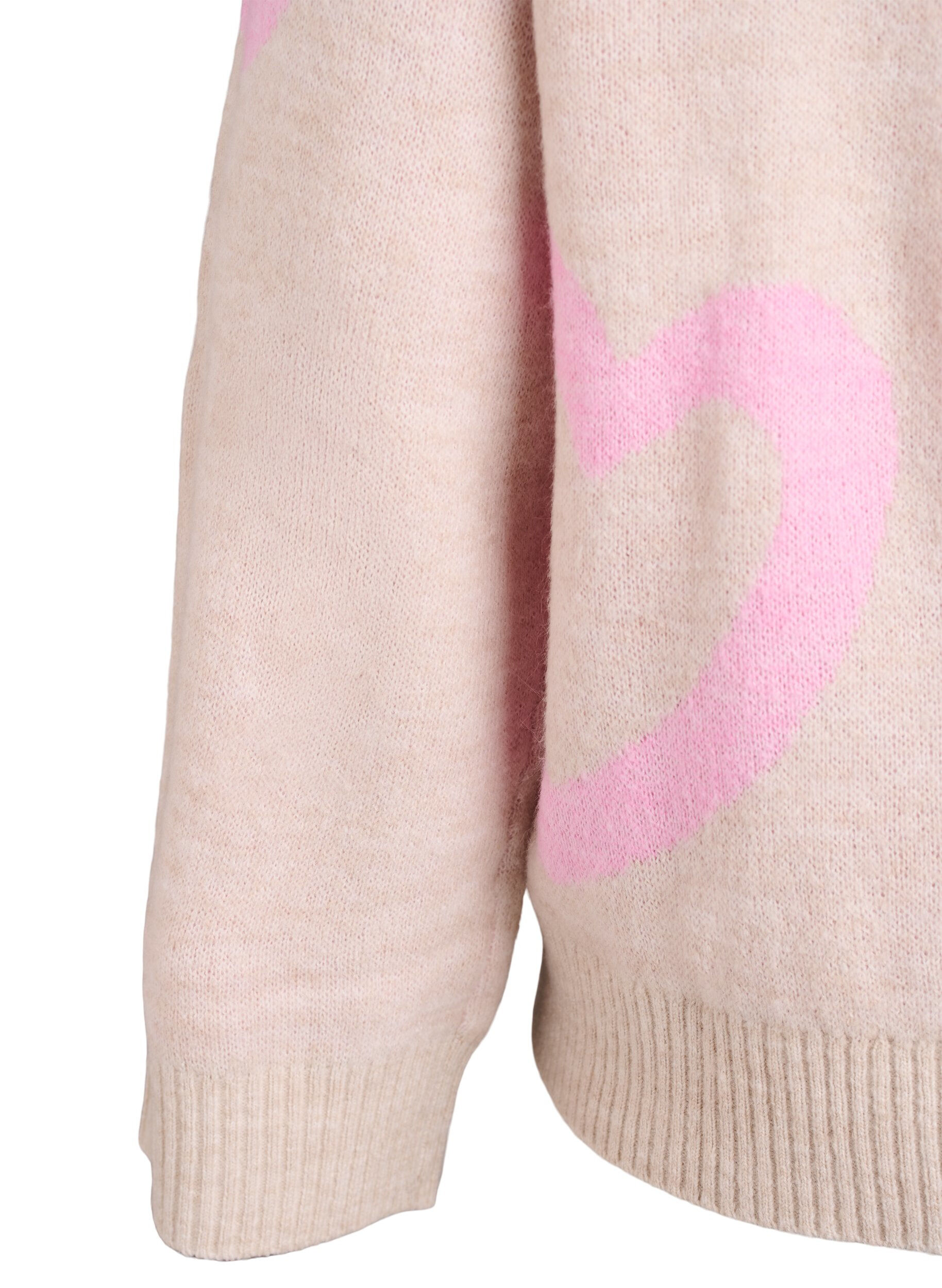 Zizzi Strikbluse med store hjerter og rund hals, Beige, Packshot image number 3