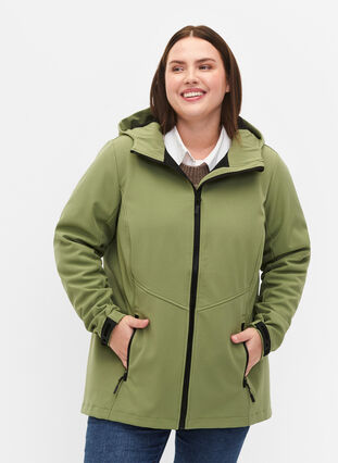 Kort softshell jakke med lommer, Oil Green, Model image number 0