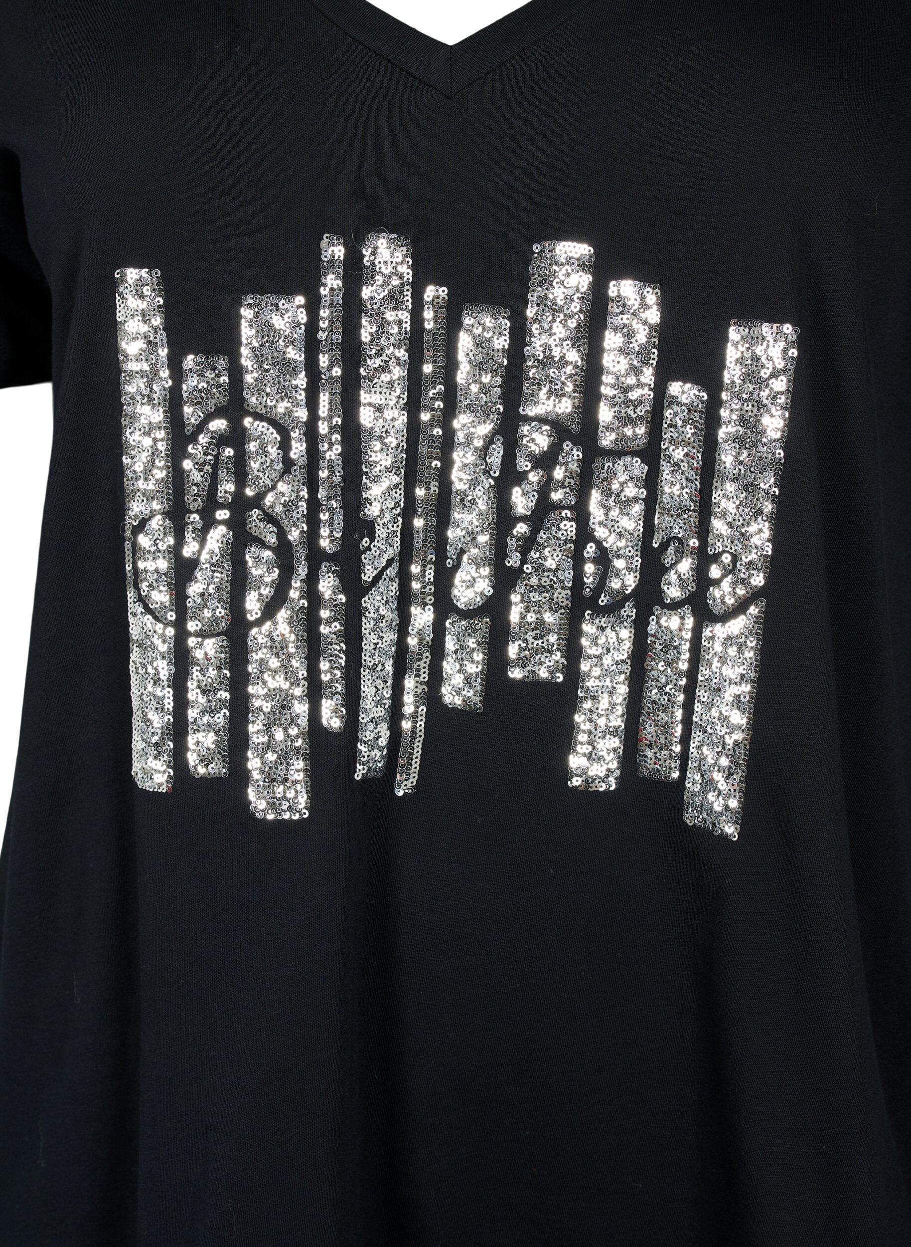 Zizzi Bomulds t-shirt med pailletter, Black W. Be free, Packshot image number 2