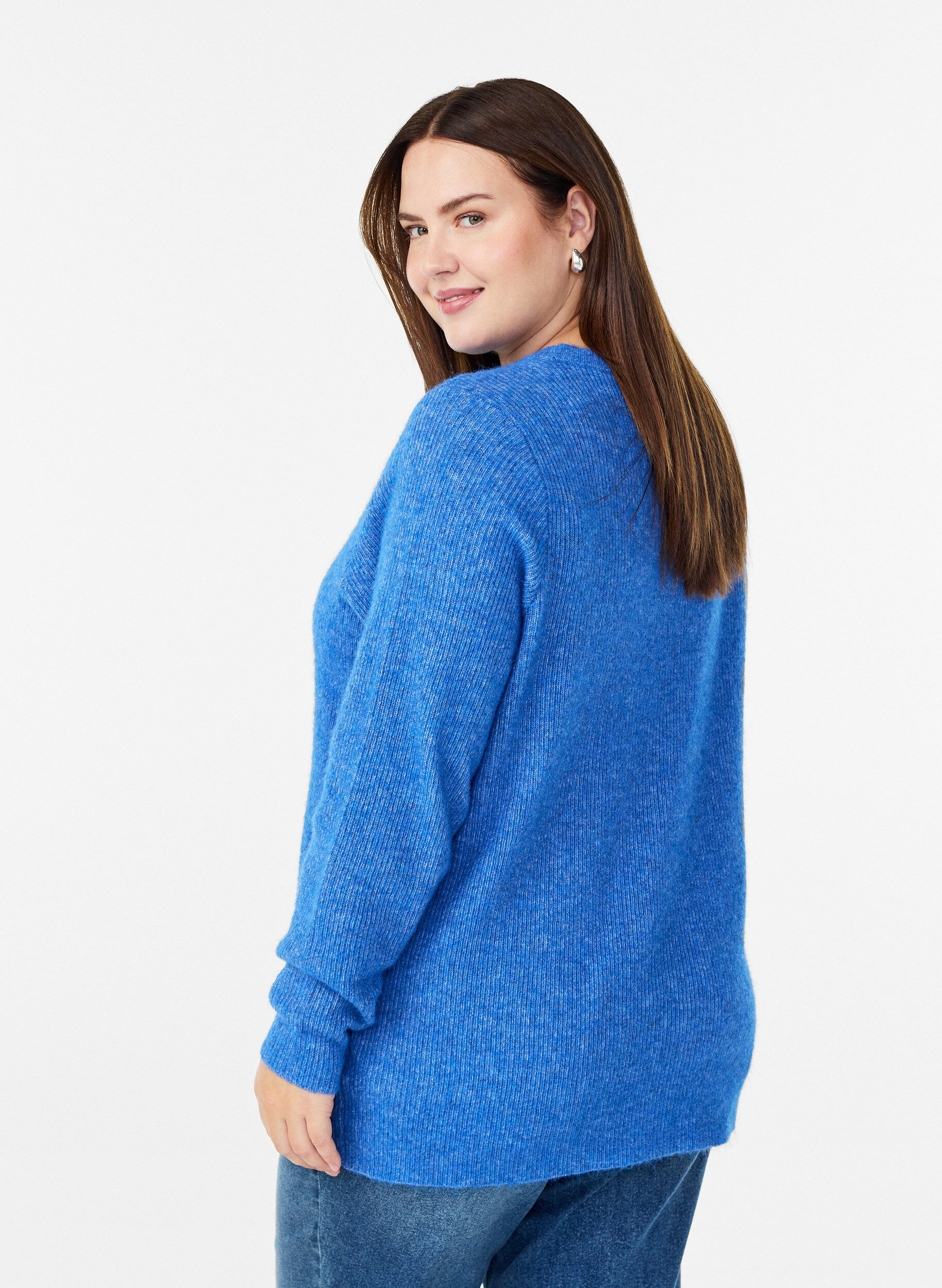 ZizziMeleret strikbluse med rund hals, Bl&aring;, Model image number 2