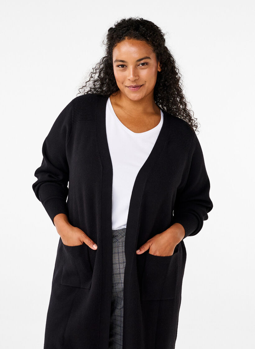Lang strikcardigan med lommer, Black, Model image number 2