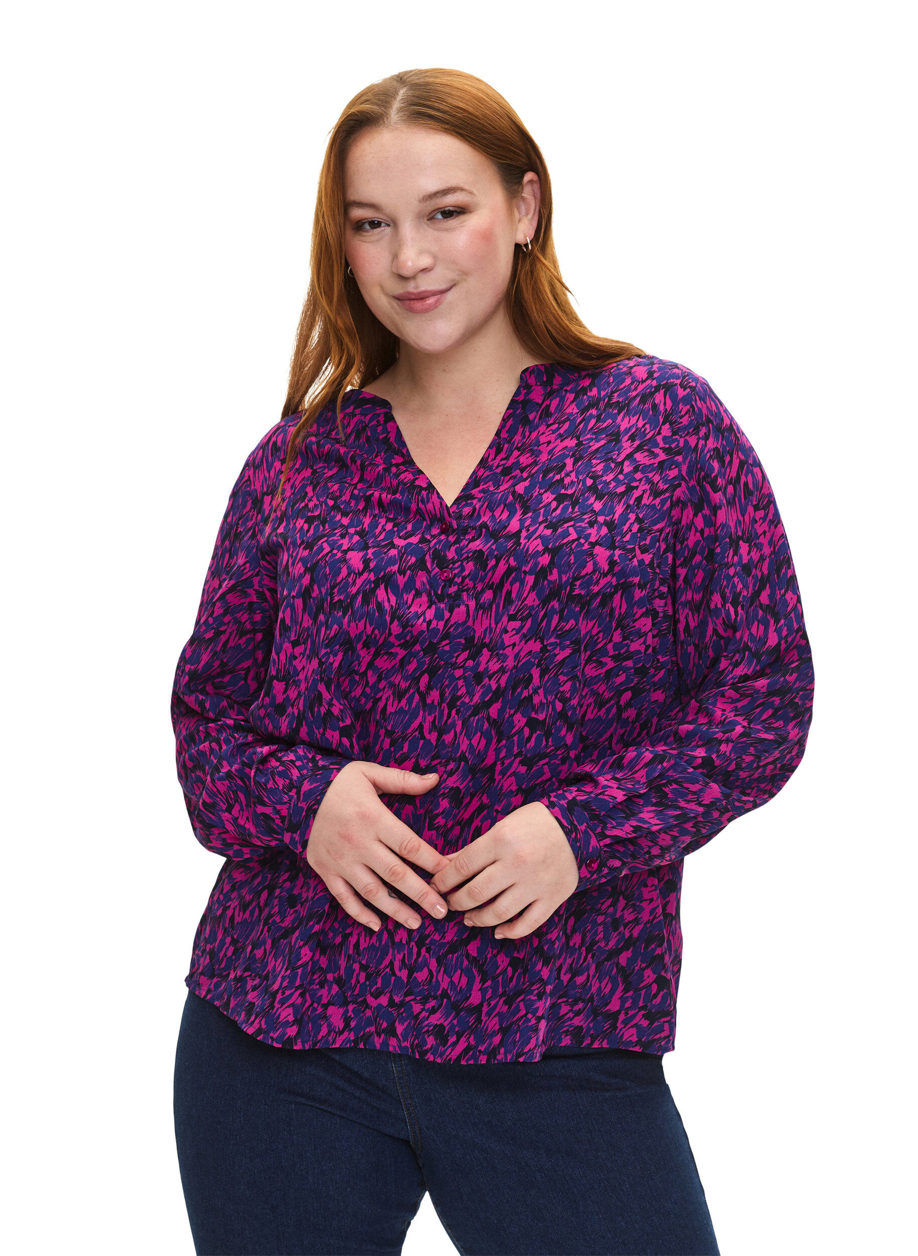 Zizzi FLASH - Lang&aelig;rmet bluse med print, Pink Blue AOP, Model image number 0