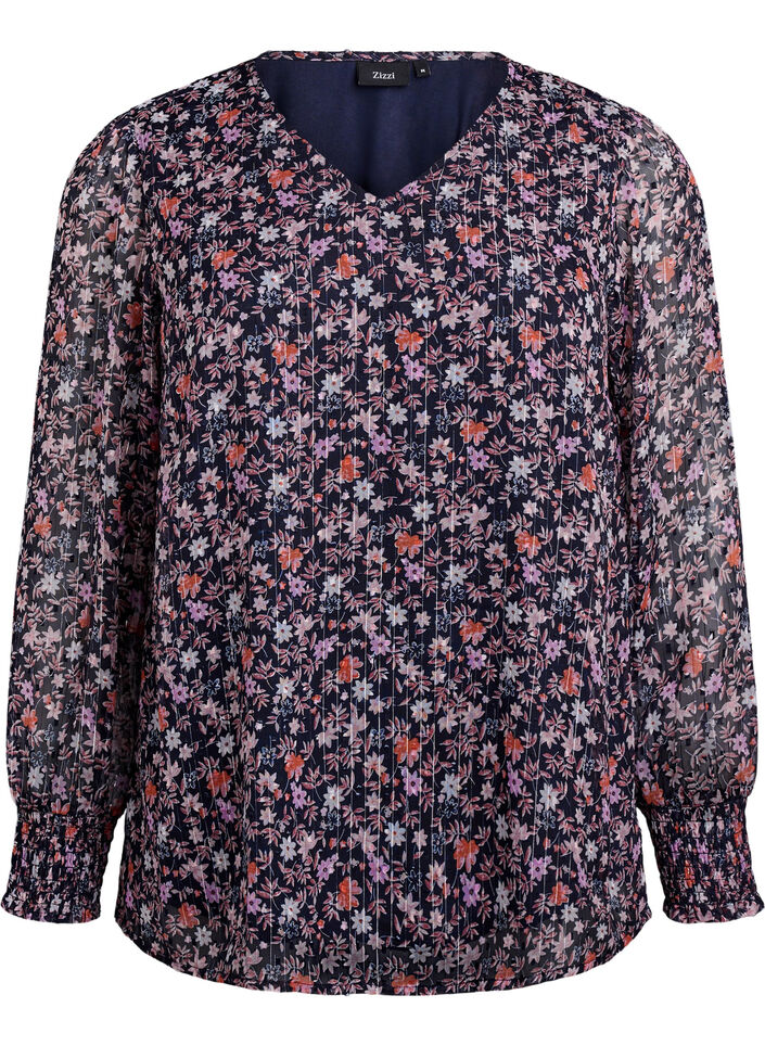 Bluse med blomsterprint og glittertr&aring;d, Bl&aring;, Packshot image number 0