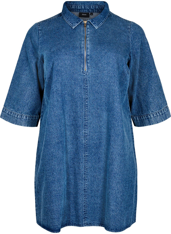 Kort denimkjole med lynl&aring;s og 3/4 &aelig;rmer, Bl&aring;, Packshot image number 0