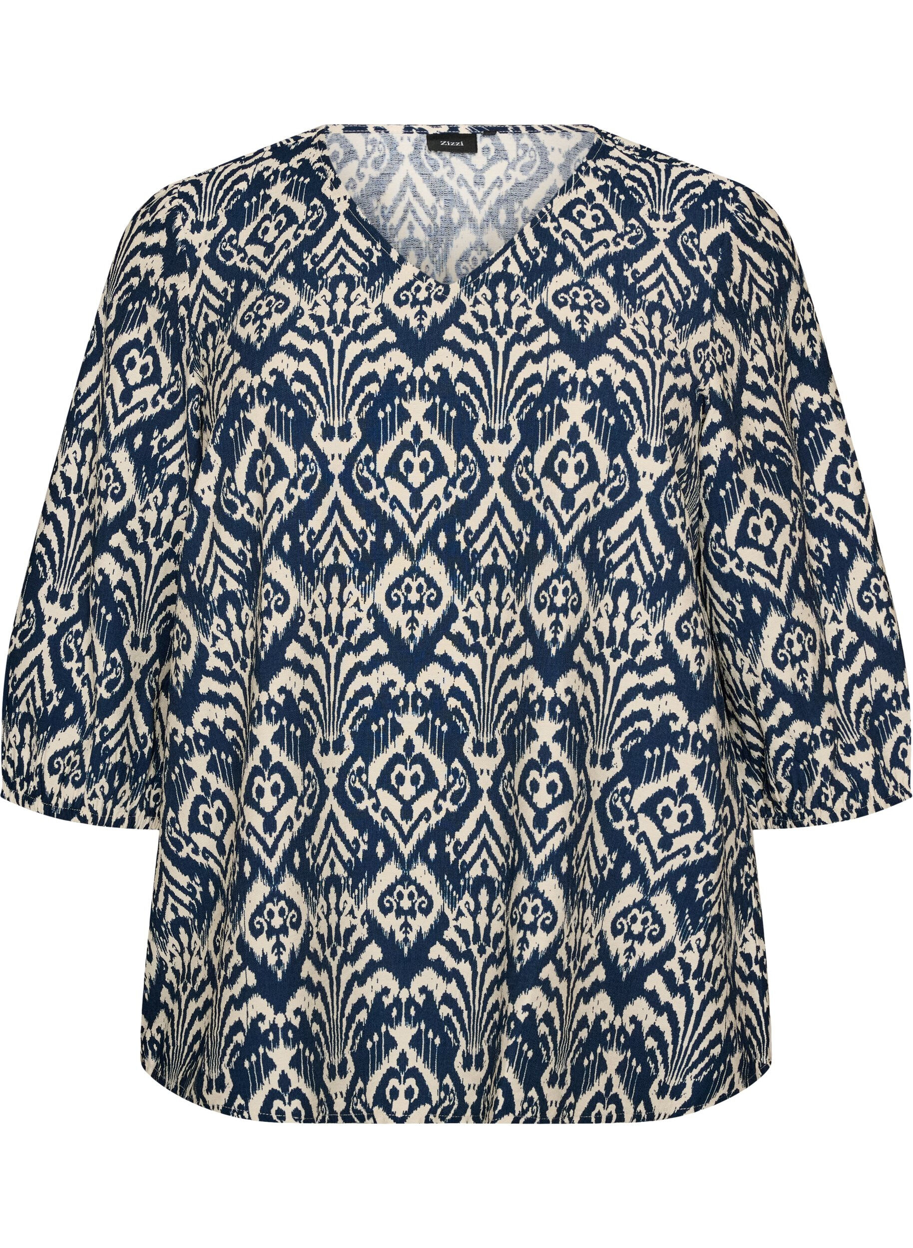 ZizziViskosebluse med m&oslash;nster og 3/4-&aelig;rmer, Bl&aring;, Packshot image number 0