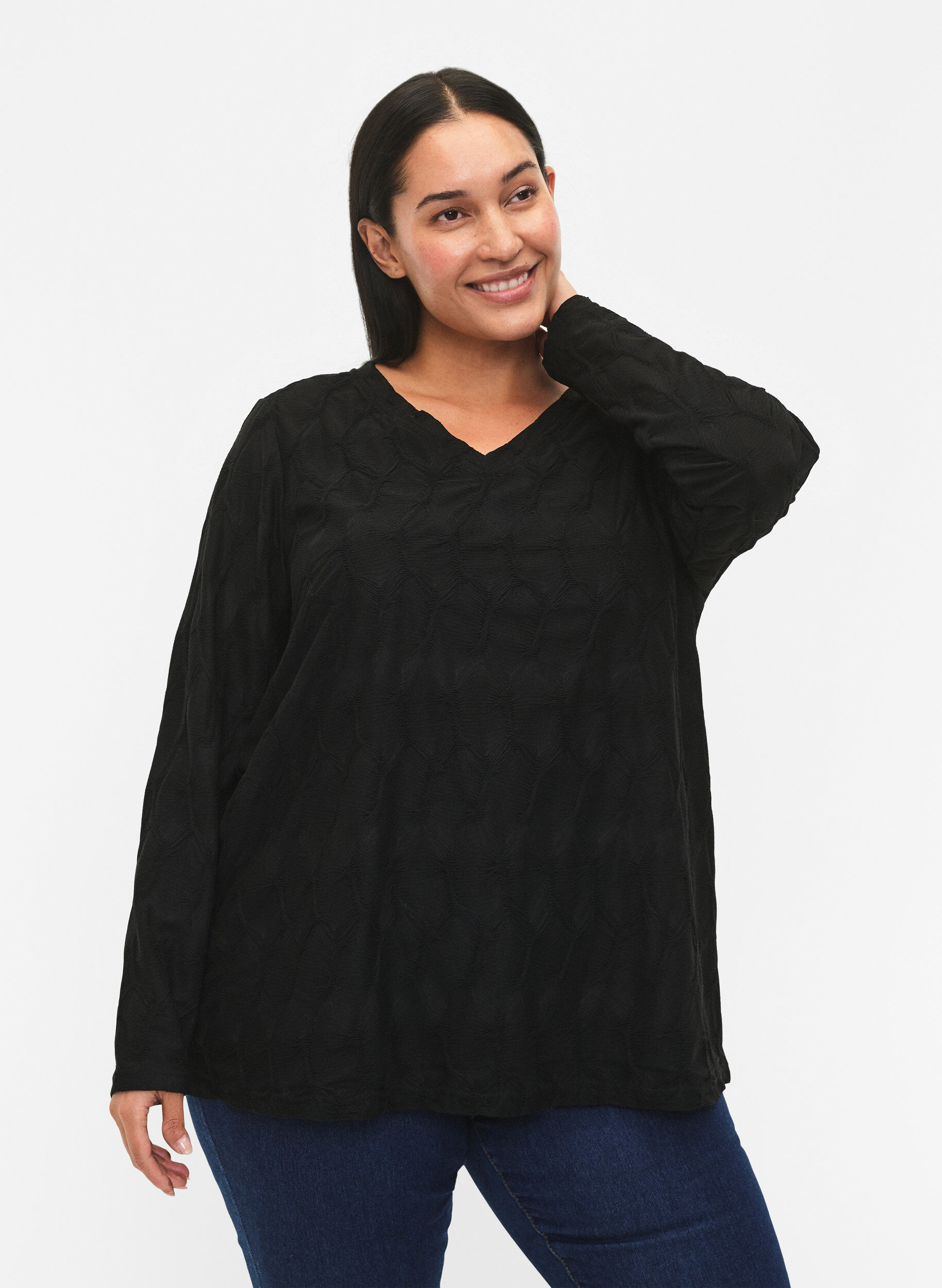 Zizzi FLASH - Lang&aelig;rmet bluse med struktur, Black, Model image number 0