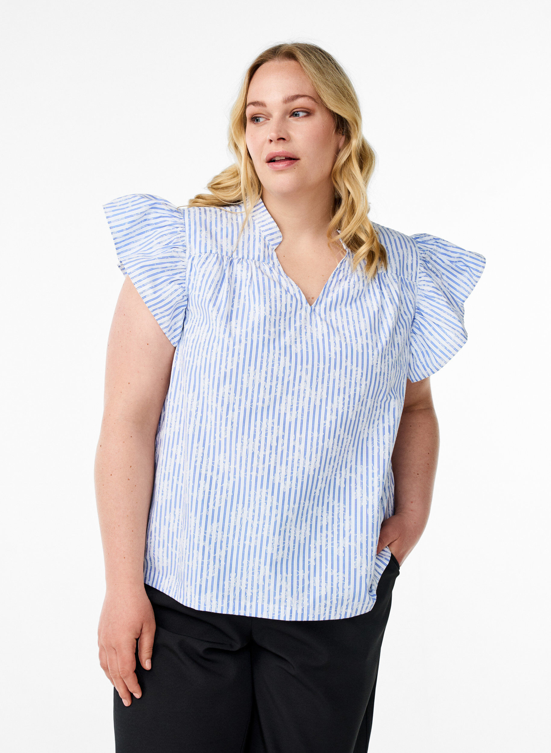 &AElig;rmel&oslash;s bluse med striber og blomsterprint, Bl&aring;, Model