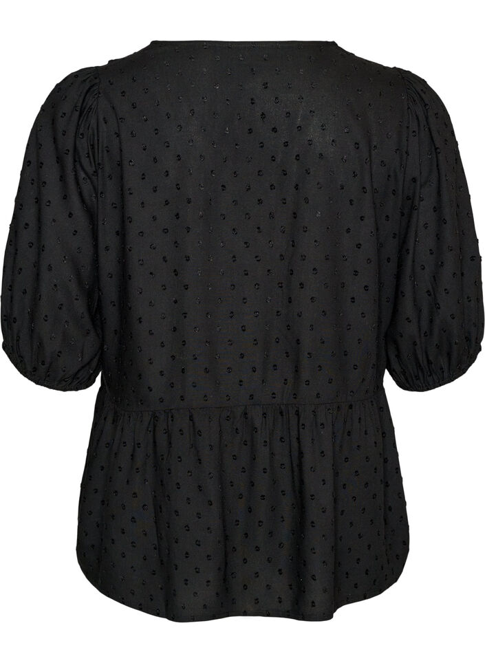 Bluse i viskose med prikket struktur og V-udsk&aelig;ring, Sort, Packshot image number 1