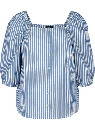 Stribet bomulds bluse med 3/4 ærmer, Bijou Blue Stripe, Packshot image number 0