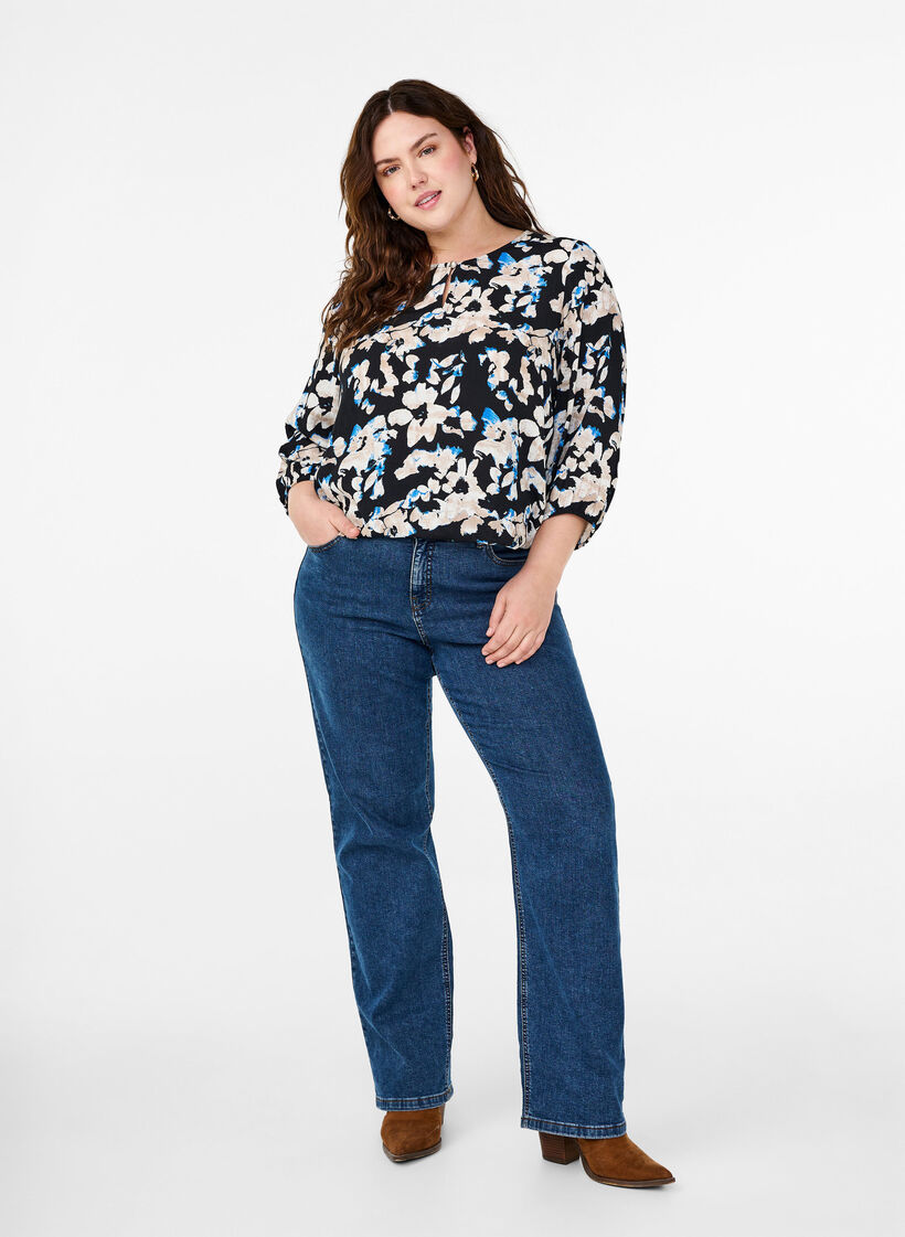 Viskosebluse med print og smock, Sort, Model image number 1