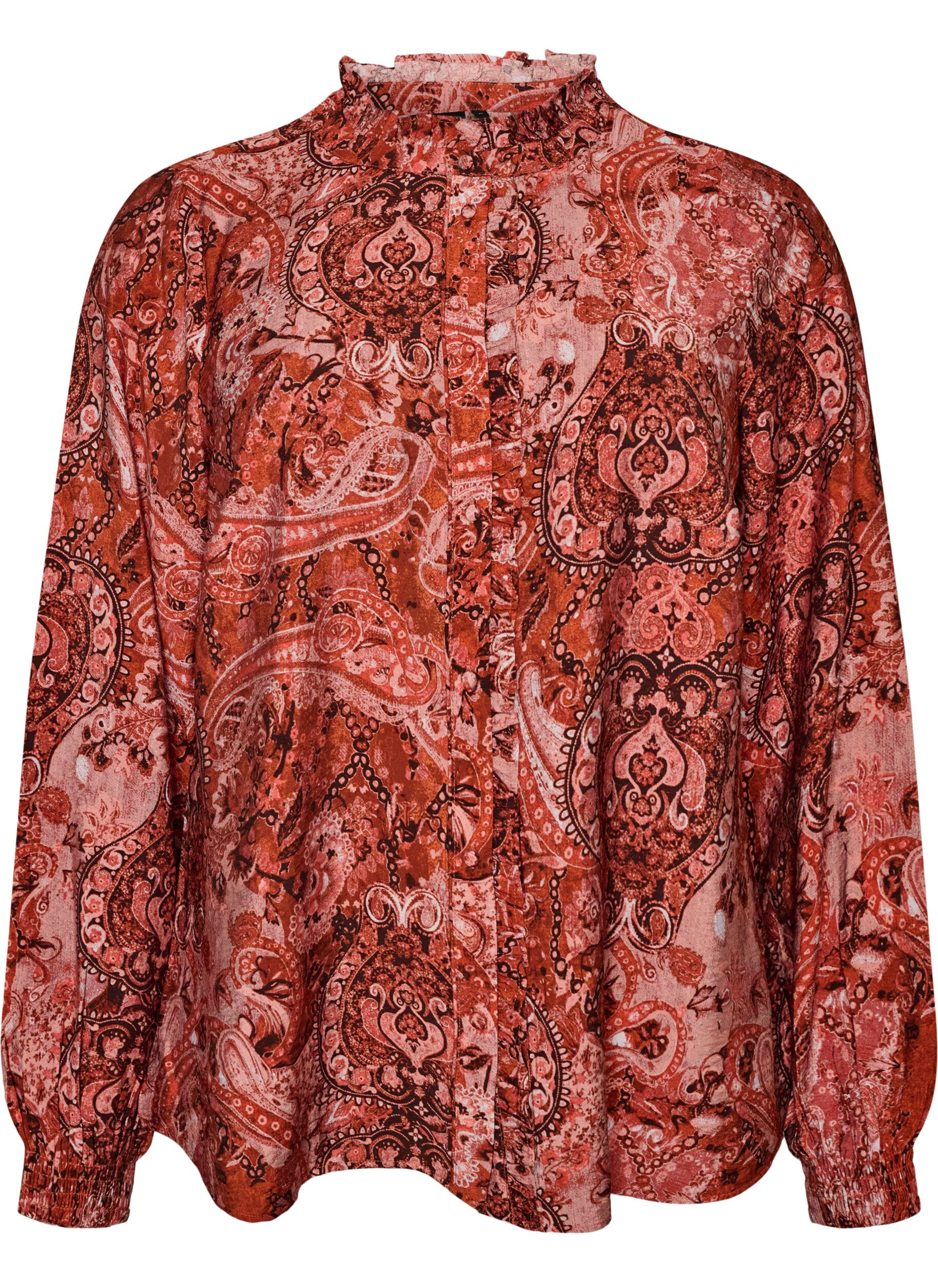 ZizziBluse i viskose med paisleyprint og fl&aelig;ser, Orange, Packshot image number 0