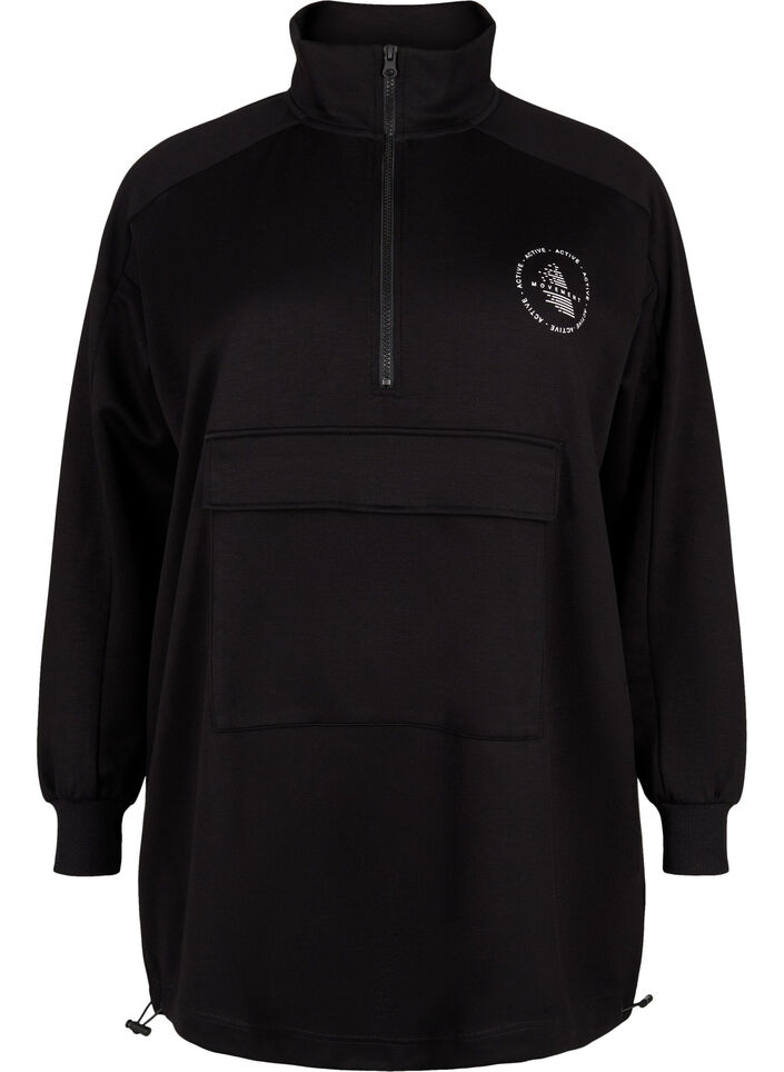 Lang sweatshirt med lomme og lynlås, Black, Packshot image number 0