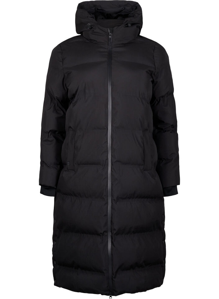Lang puffer vinterjakke med h&aelig;tte, Sort, Packshot image number 0