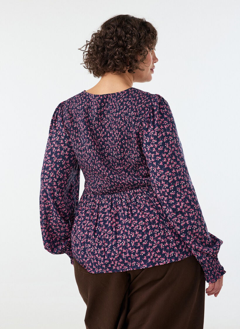 Bluse med smockoverdel og blomsterprint, Bl&aring;, Model image number 1