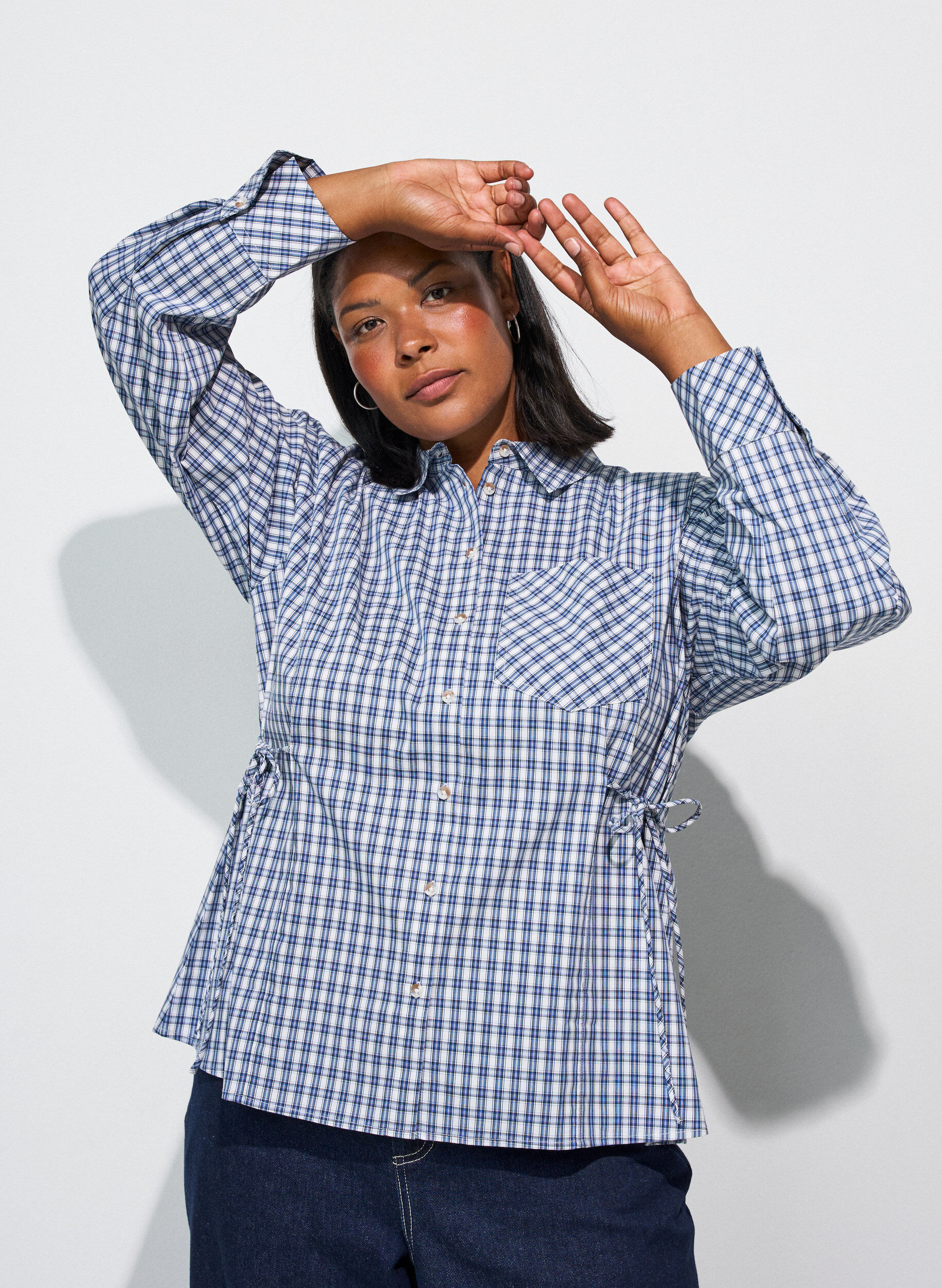 ZizziL&oslash;s skjorte med tern og bindeb&aring;nd, Bl&aring;, Model image number 0