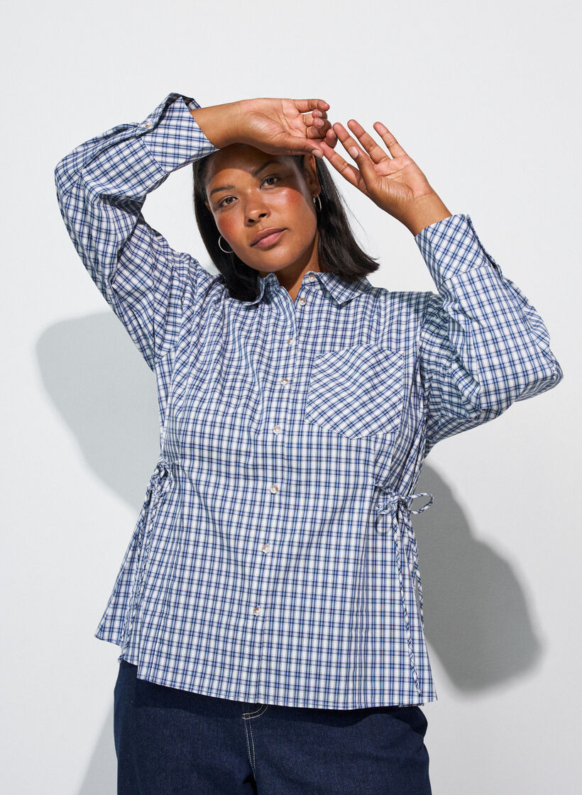 L&oslash;s skjorte med tern og bindeb&aring;nd, Bl&aring;, Model image number 0