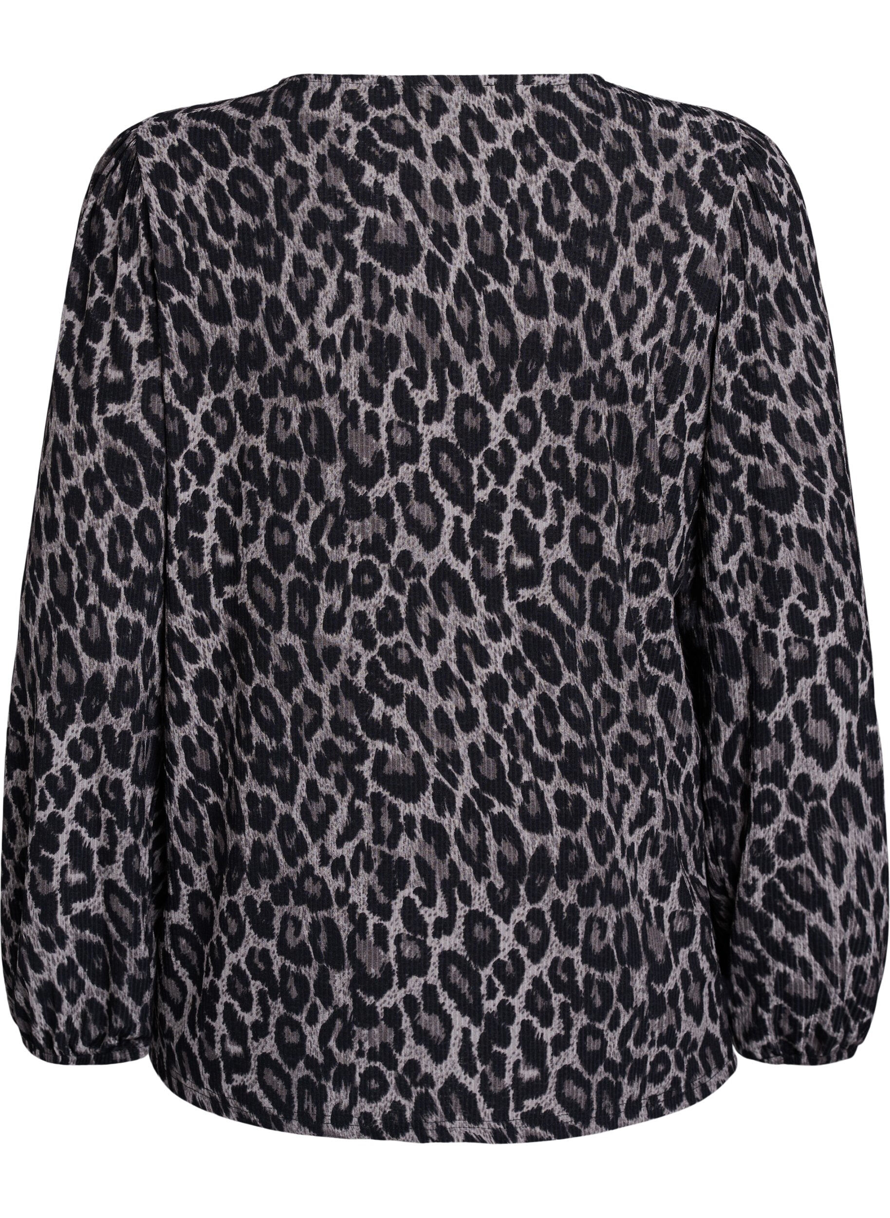 ZizziBluse med lange &aelig;rmer og leoprint, Gr&aring;, Packshot image number 1