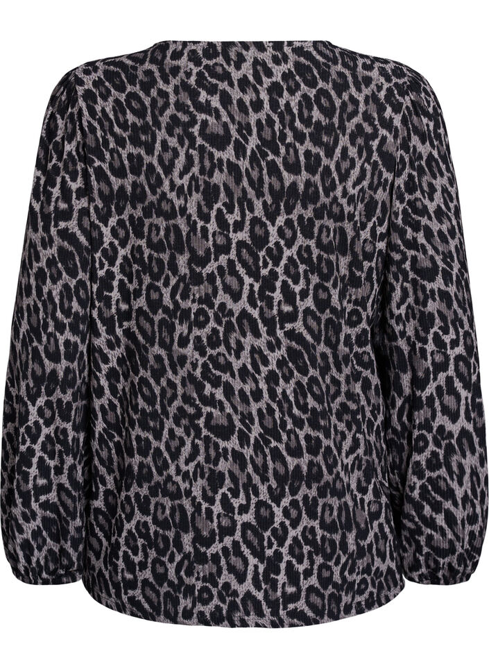 Bluse med lange &aelig;rmer og leoprint, Gr&aring;, Packshot image number 1
