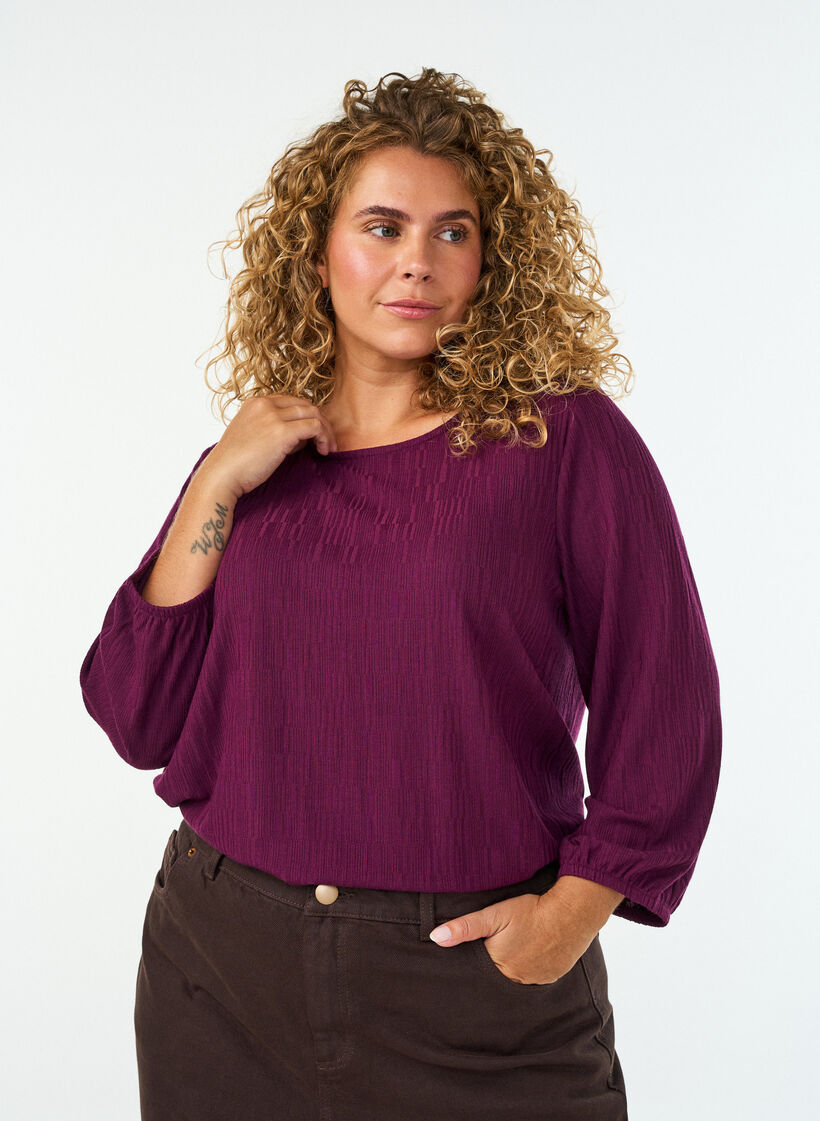 Bluse med struktur og 3/4 &aelig;rmer, Lilla, Model image number 0