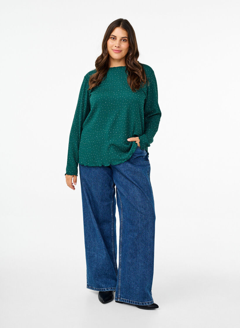 Langærmet bluse med rhinsten, Grøn, Model image number 1