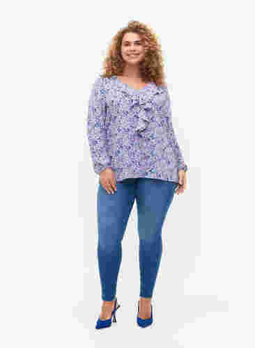 Printet bluse med flæser, Purple Ditzy Flower, Model image number 2