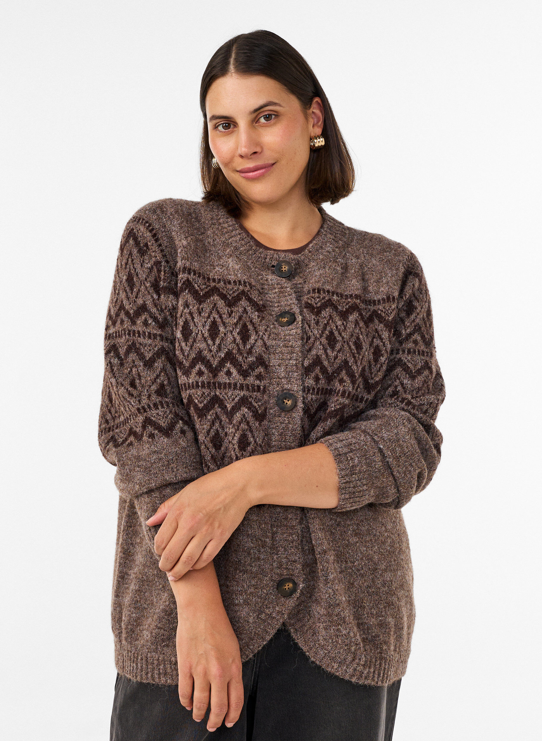Cardigan med jacquardm&oslash;nster, Brun, Model