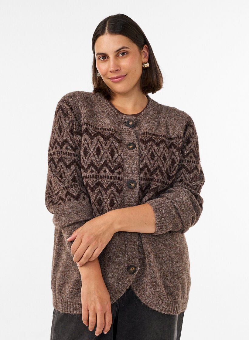 Cardigan med jacquardm&oslash;nster, Brun, Model image number 0