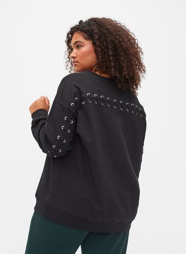 Bomulds sweatshirt med snøredetaljer, Black, Model image number 1