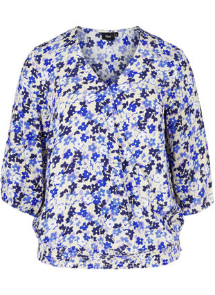 Blomstret viskose bluse med 3/4 ærmer, Blue Flower AOP, Packshot image number 0