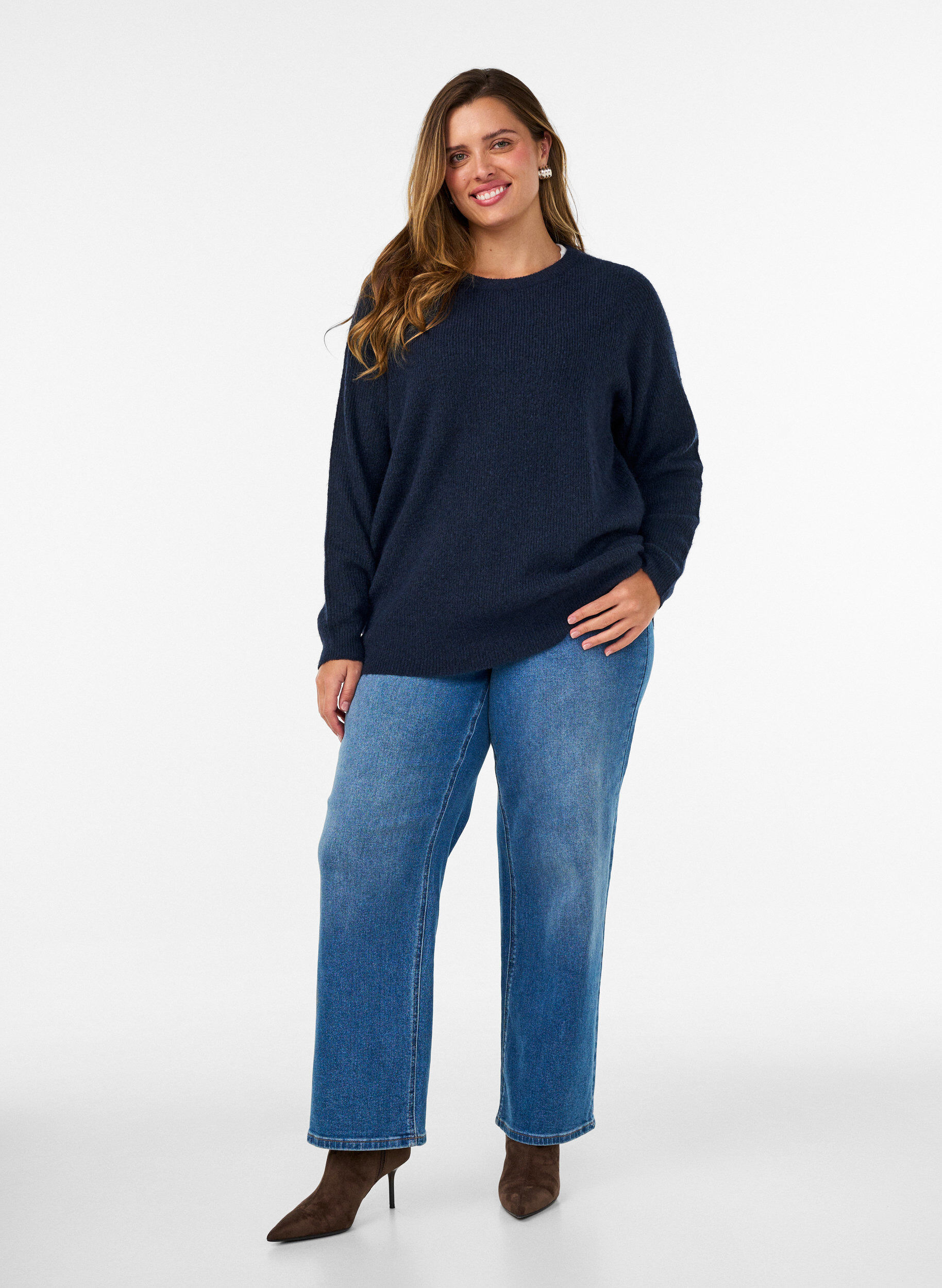 ZizziMeleret strikbluse med rund hals, Bl&aring;, Model image number 1