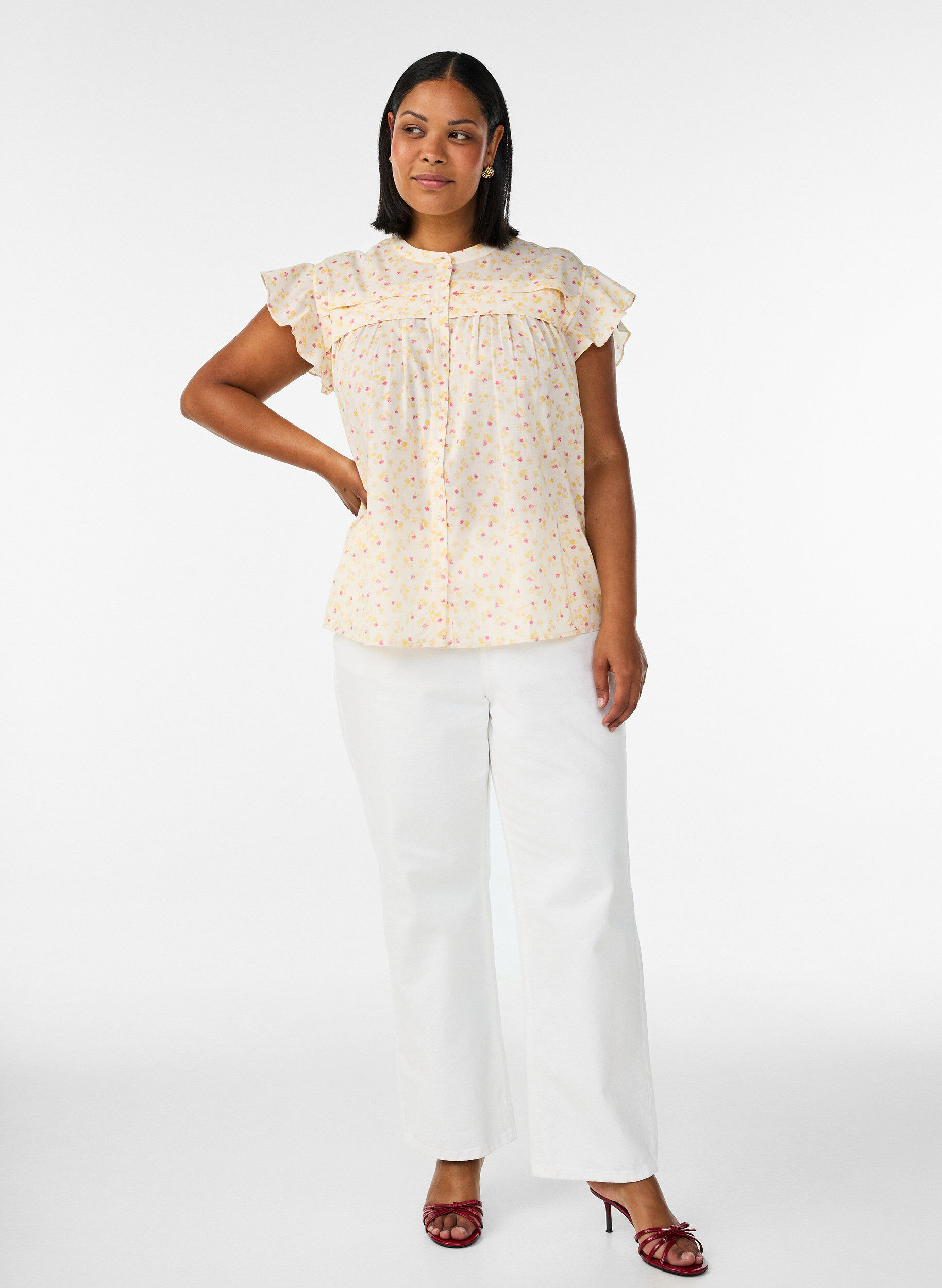 Zizzi&AElig;rmel&oslash;s skjortebluse i bomuld med A-form, Gul, Model image number 1