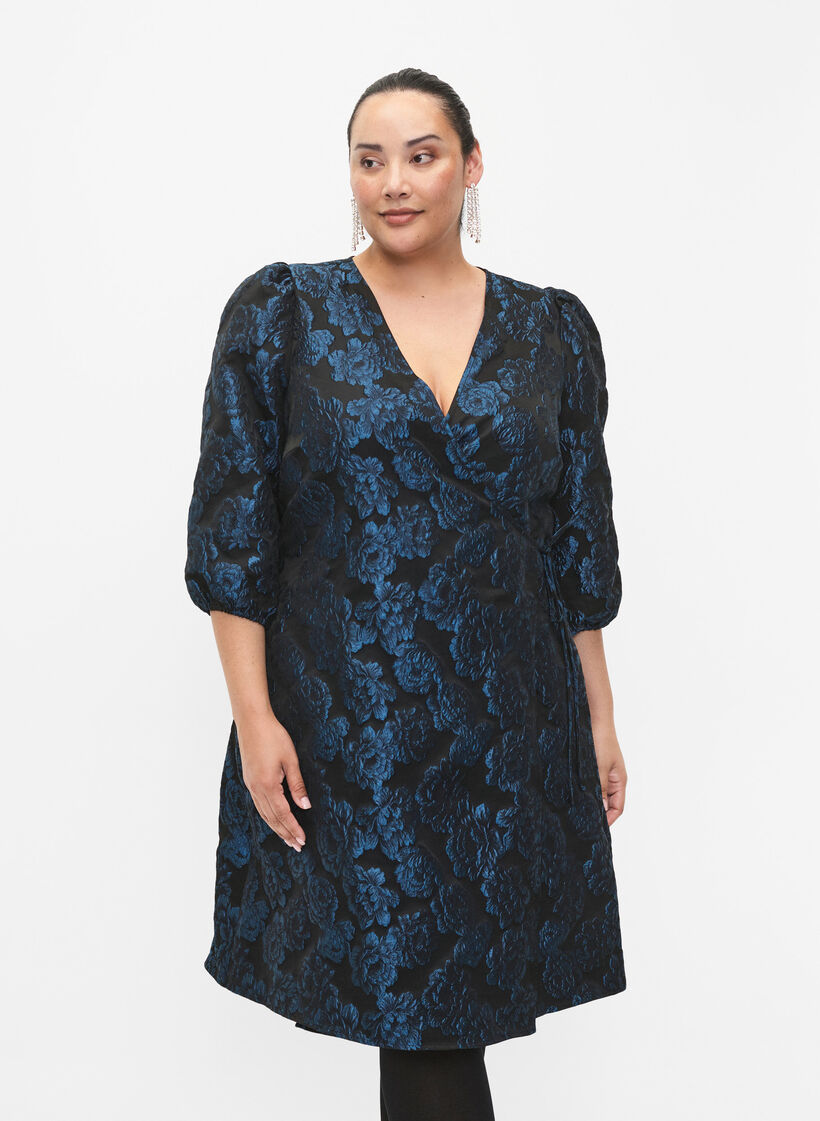 Wrapkjole i jacquard med 3/4 ærmer, Black Blue, Model image number 0