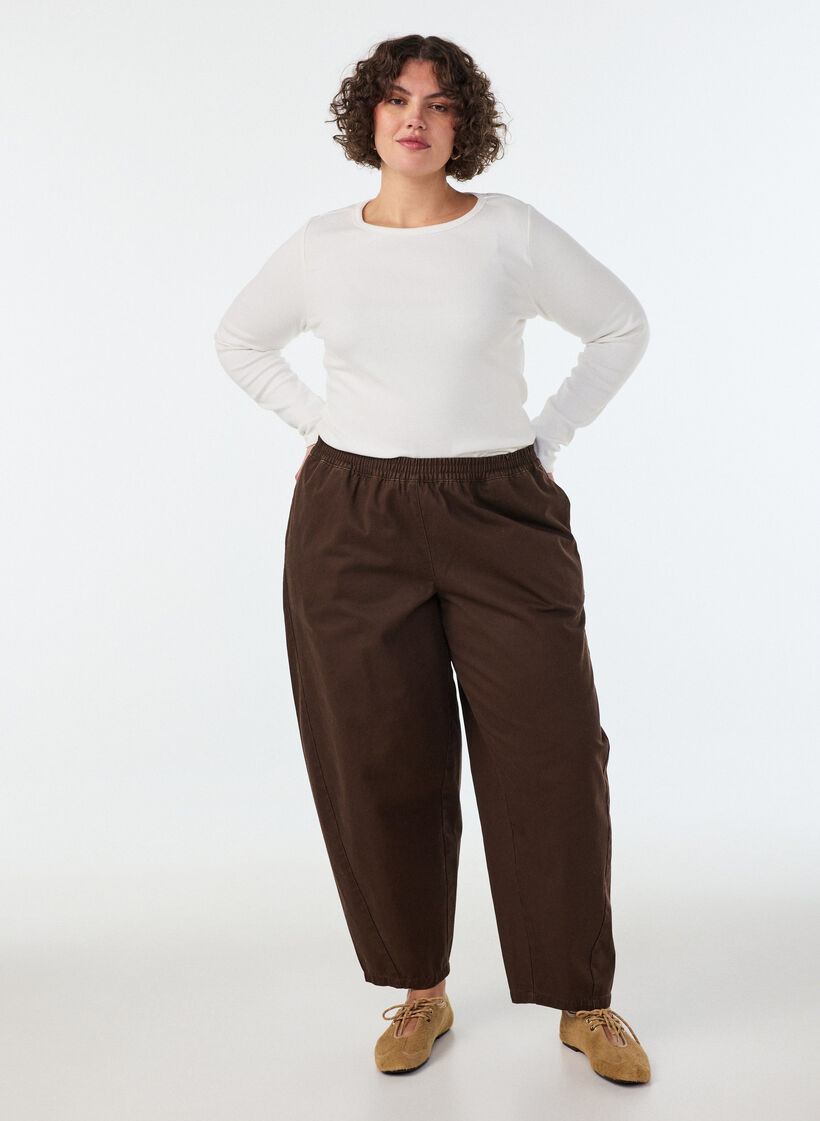 Barrel jeans med h&oslash;j talje og elastisk linning, Brun, Model image number 0