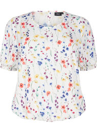 Blomstret bluse med smock, Bl&aring;