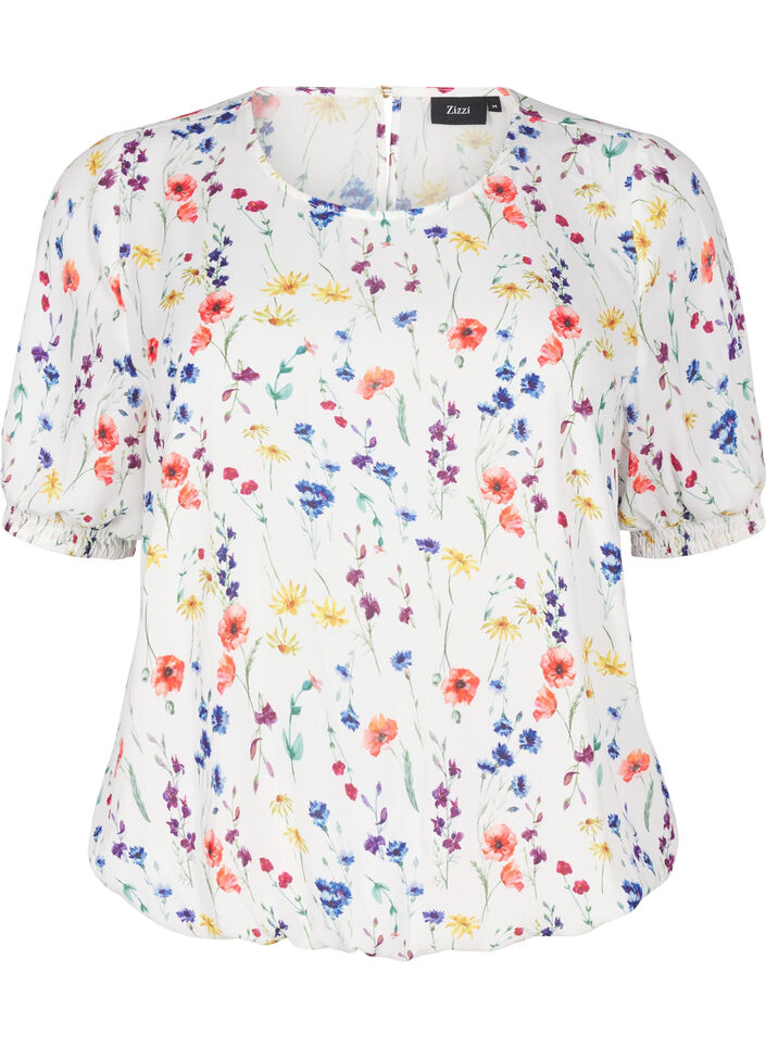 Blomstret bluse med smock, Bl&aring;, Packshot image number 0